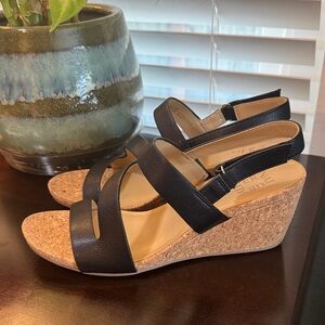 Naturalizer Adria Black Wedge Sandals with Cork Platform